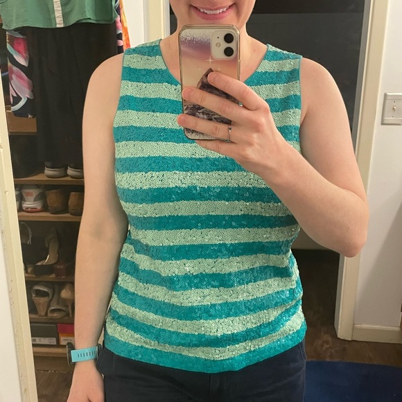 JCrew sequin tank top Aqua turquoise blue Tiffany blue cute layering piece - Picture 5 of 6